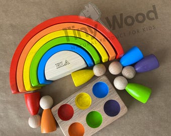 Personalized Wooden Rainbow Stacker Toy with Peg Dolls: Montessori Sensory Play