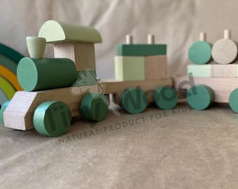 Wooden Puzzle Train Set: Montessori Toy, Natural Beech Wood