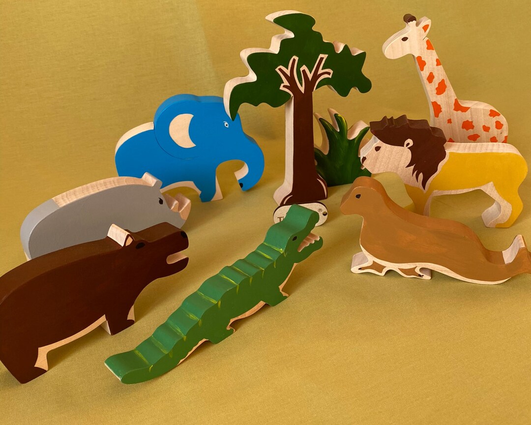 Safari Wooden Animal Toy Set – Handmade Montessori Figures for Creative ...