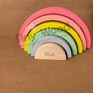 Personalized Small Rainbow Wooden Stacker Toy, Handmade Montessori 6-Piece Educational Set for Toddler Gift, Organic Montessori Toy