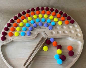 Montessori Rainbow Color Sorting Set: Wooden Toy with Tongs