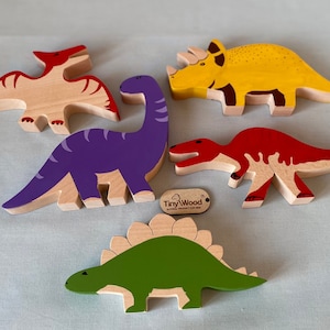 Wooden Toys Dinosaur Set - Handmade Montessori Waldorf Animal Figures, Kids Room Decor & Baby Gift