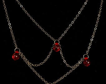 Gothic Vampire Necklace, Handmade, Glass Blood Droplets, Layered Chain.