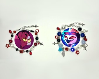 Helluva Boss-inspired bracelets, Stolas x Blitzø. Wire-linked beads and charms. Character Jewelry. Handmade and fan-made.