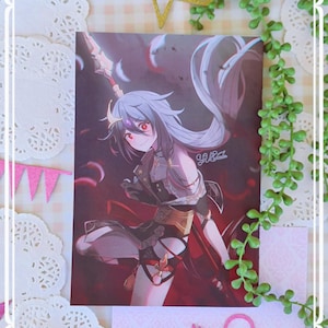 May include: A digital illustration of a female anime character with long purple hair, wearing a black and gold outfit with a red cape. The character is holding a spear and has a determined expression on her face. The background is a dark red with purple and white accents.