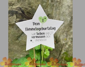 Stern Grabstecker bedruckt "Dein (...) Himmelsgeburtstag. Wir lieben und vermissen Dich unendlich."