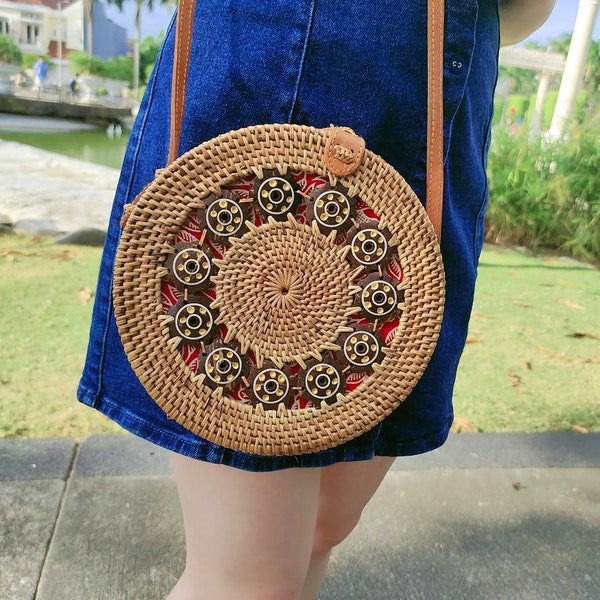 Bali Rattan Bag Bohemian Round Crossbody Purse with Coconut Shell Buttons,  Genuine Leather Strap, High Quality