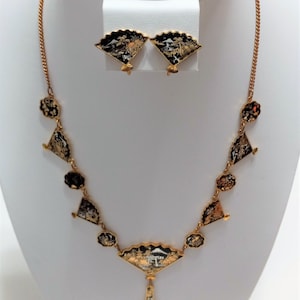 Japan Damascene Vintage Necklace, Bracelet, Earrings, 24k Embedded Scene, Very Good Condition EDITED
