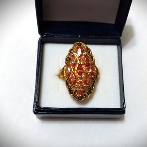 Vintage Amber Crystals Cocktail Ring Surrounded by Marcasite Stones in Gold Plated Setting, Size 9