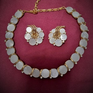 Vintage Lisner Mother of Pearl, Rhinestone, Gold Tone Necklace & Earrings Set