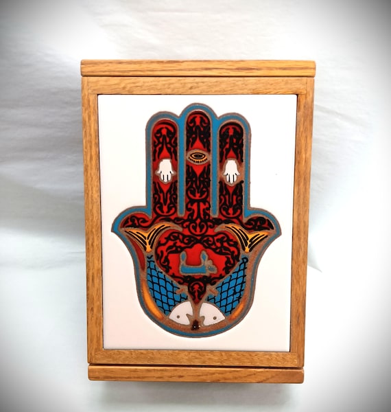 Wooden Box Handmade Hamsa Hand of Fatima Spiritual Symbol Ceramic