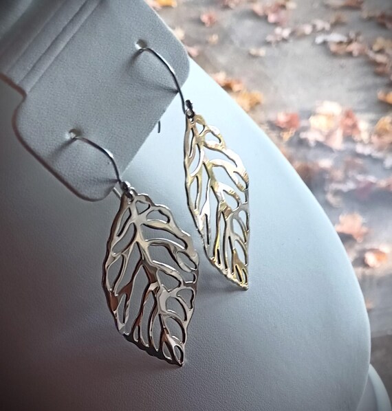 Sterling Silver Earrings Leaf Dangle Pierced Wire… - image 6
