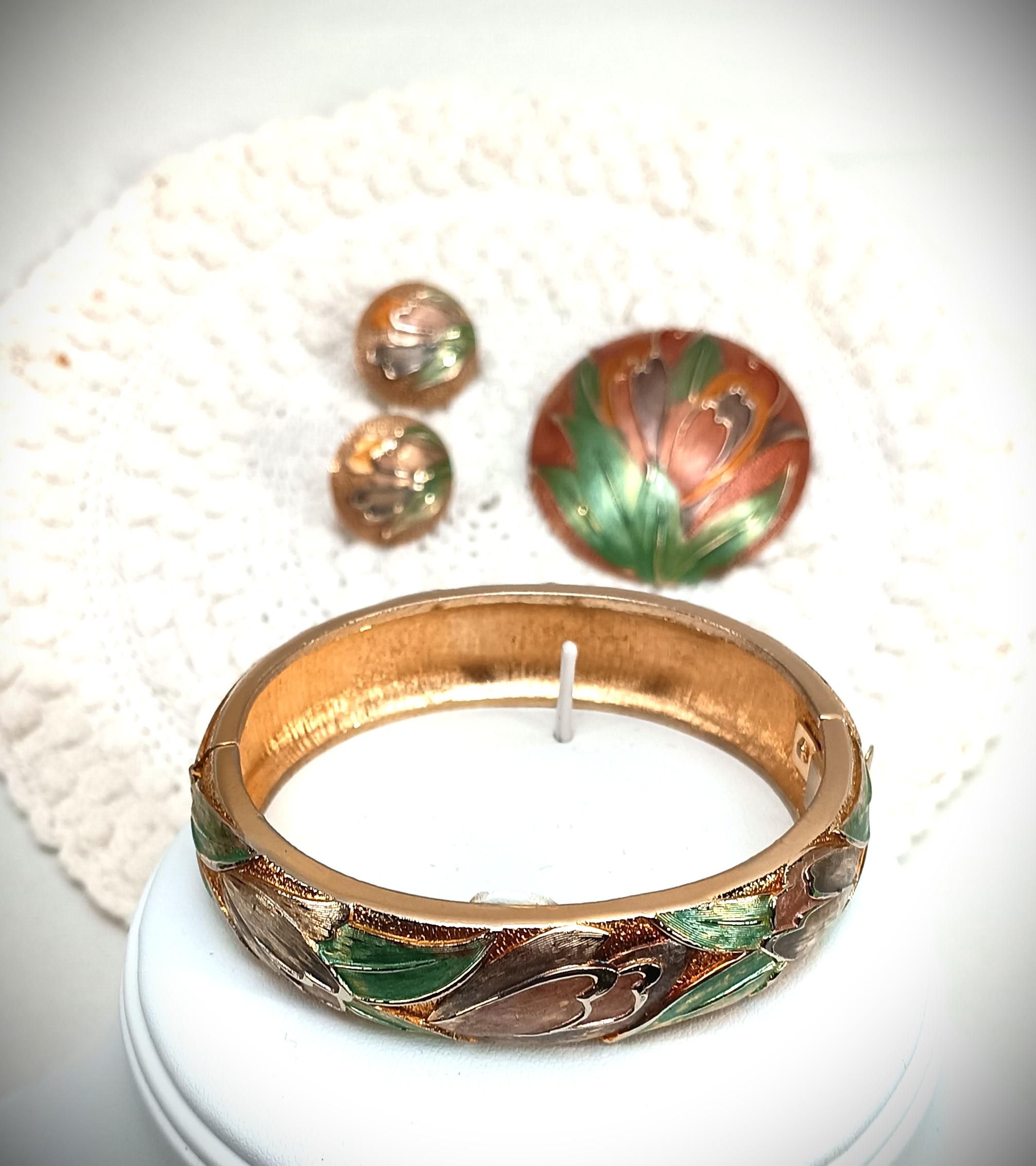 【アンティーク】七宝ブローチ、ブレスレット 七宝焼きヴィンテージブレスレット、ブローチ、イヤリング、花の葉の