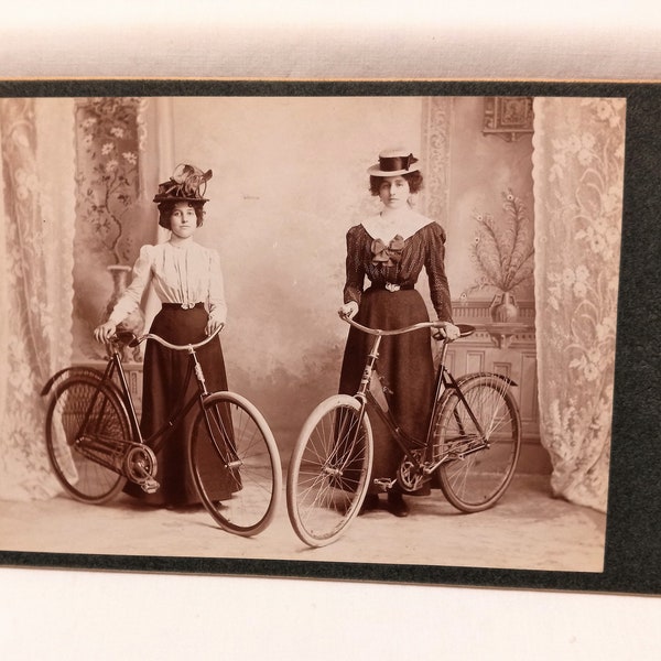 Antique Photo 2 Females Posing With Their Bikes, Late 1800s - Early 1900s