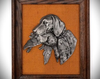 Retriever Dog Head With Game Bird Vintage Signed JS Pewter Framed 1960s