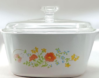 Corning Ware Wildflower Quart Auflaufform, 1970er Jahre Original Pyrex Deckelgriffe A3B3