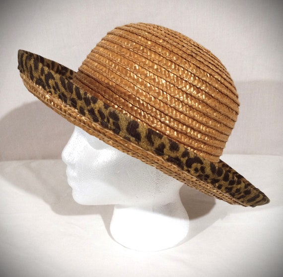 Vintage Straw Hat With Leopard Fabric Brim - Etsy display picture 3