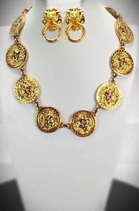 Lion Head Gold Tone Necklace & Earrings