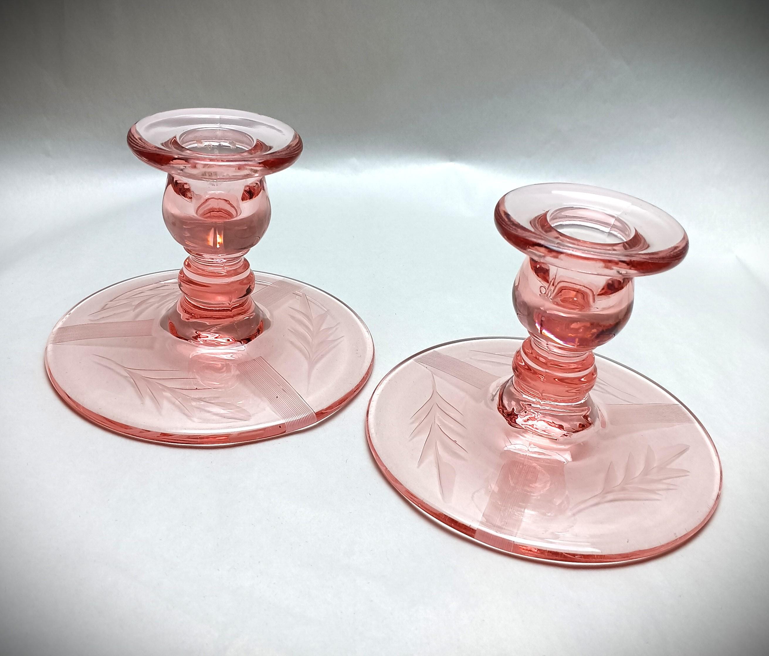 デプレッションガラス キャンドルホルダー 2個セット ピュアピンク