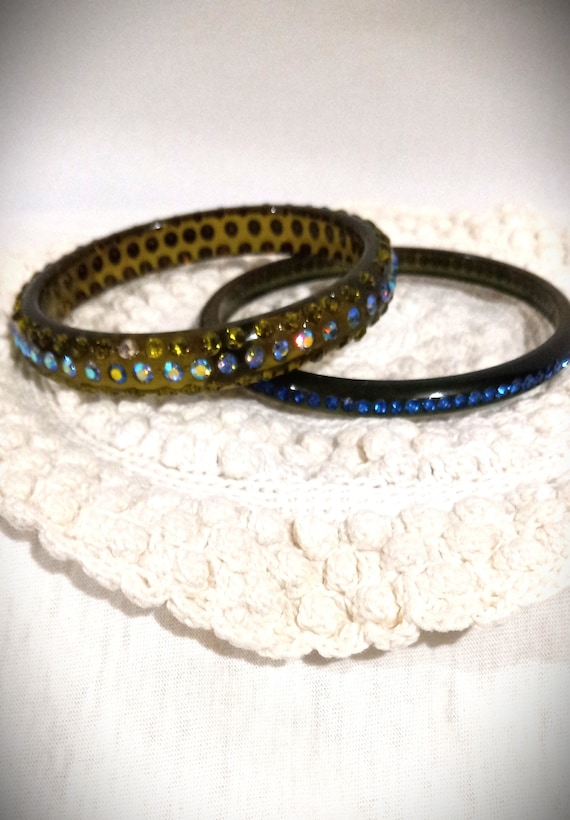 Two Lucite Bangle Bracelets With Sparkling Crystal