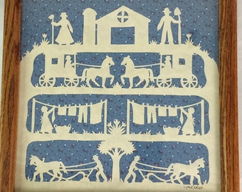 Old Days Paper Cut Picture Signed, Vintage, Framed, Skill & Patience!