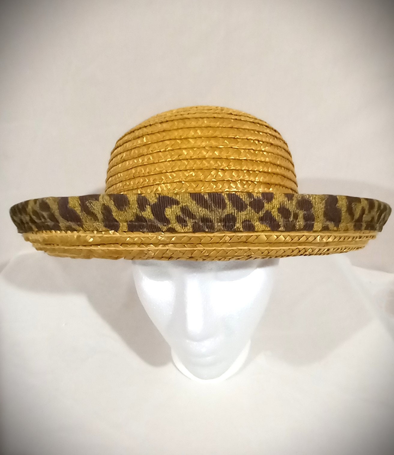 Vintage Straw Hat With Leopard Fabric Brim - Etsy display picture 1