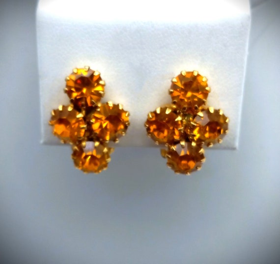 Vintage Sparkling Gold Glass Clip On Earrings - image 1