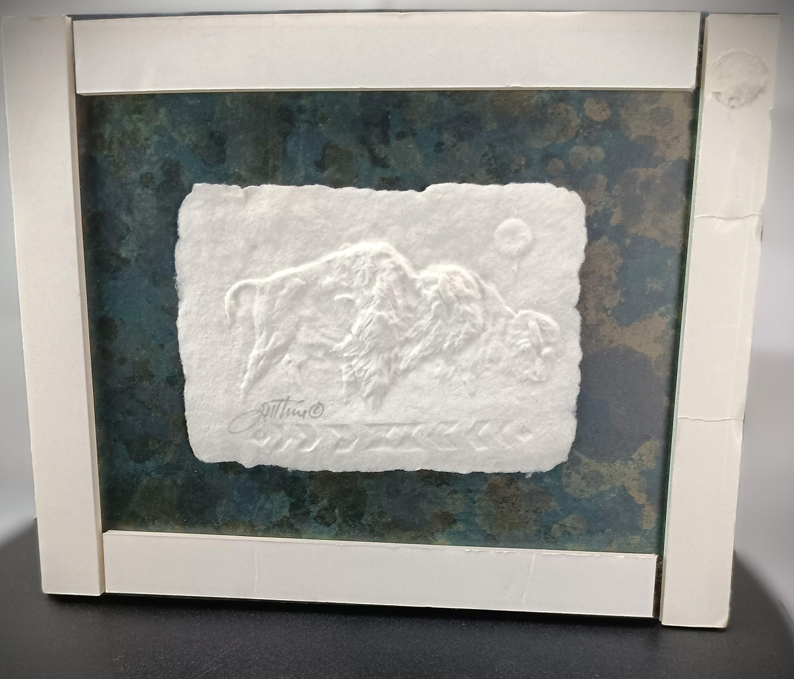 2 Buffaloes Signed, Handmade by John Guthrie Native American Cherokee Artist Watercolor & Cast Paper