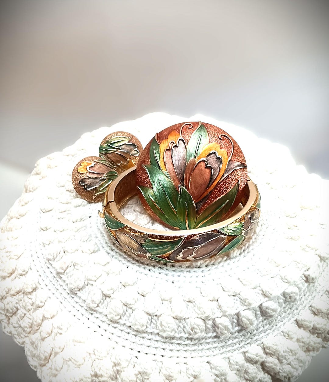 【アンティーク】七宝ブローチ、ブレスレット 七宝焼きヴィンテージブレスレット、ブローチ、イヤリング、花の葉の