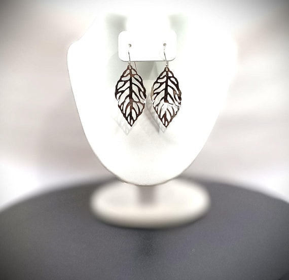Sterling Silver Earrings Leaf Dangle Pierced Wire… - image 1