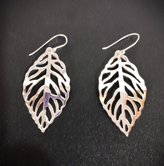 Sterling Silver Earrings Leaf Dangle Pierced Wire… - image 2
