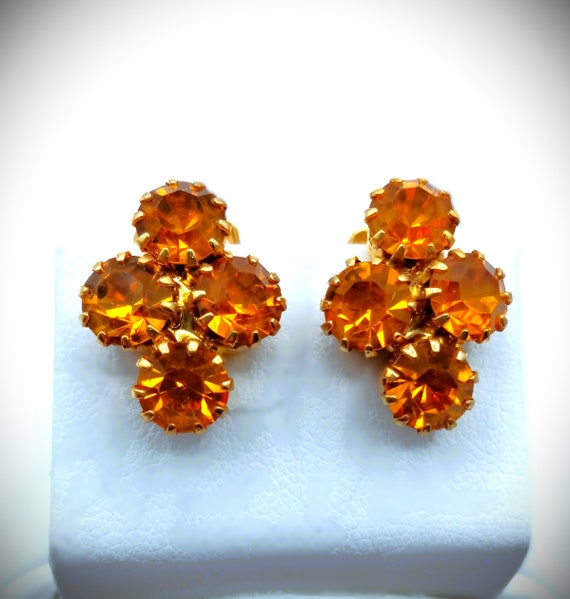 Vintage Sparkling Gold Glass Clip On Earrings - image 2