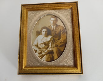 Antique Marriage? Photo Encased in Gold Color Tin Type Metal, Placed in Modern Glass Frame