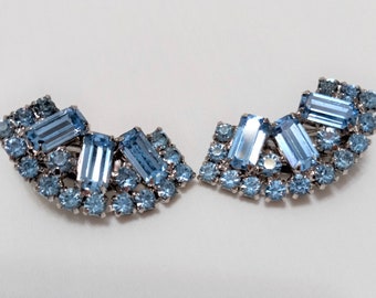 Vintage Stunning Blue Rhinestone Clip on Earrings, Unsigned,Possibly Very Early Bogoff