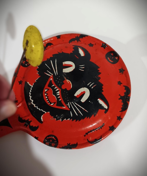 Vintage Black Cat Halloween Tin Noise Maker Toy Marked by Kirchof