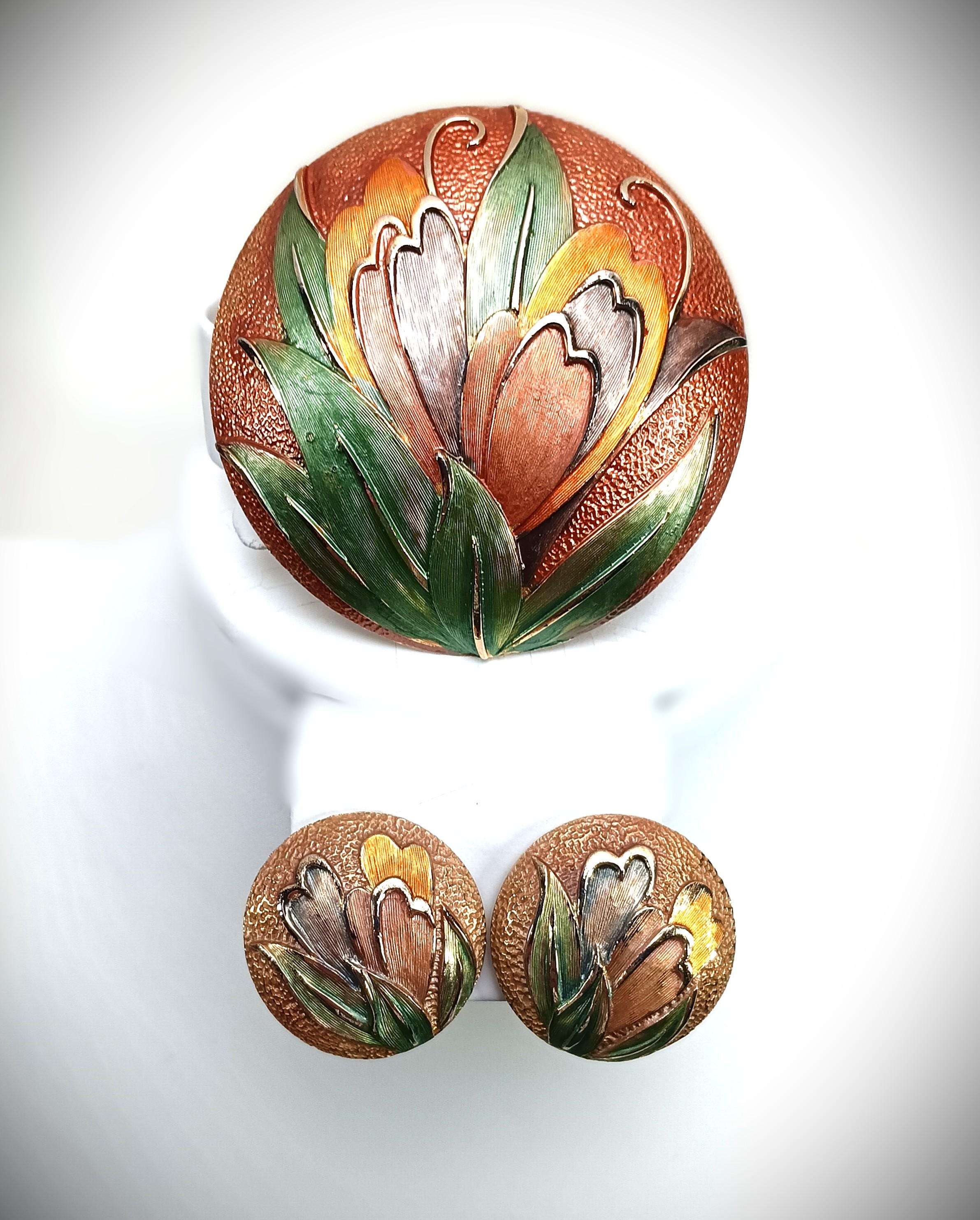 七宝焼きヴィンテージブレスレット、ブローチ、イヤリング、花の葉の