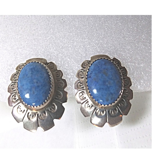 Signed Vintage Native American Navajo Lapis Inlay Sterling Silver Earrings Signed Vintage Native American Navajo Lapis Inlay Sterling Silver Earrings