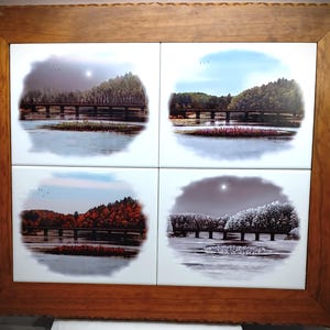 Handgjord väggmålning, norra Wisconsin 4 årstider bock, sublimerade keramiska plattor, fogat inramat