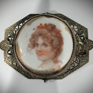 Woman In a Pin, Antique Hand Painted Porcelain Portrait of Women With Curls & Ribbons Brooch