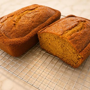 May include: Two golden-brown rectangular loaves of baked bread resting on a silver wire cooling rack. One loaf is whole and intact, while the other loaf is sliced, revealing a dense, textured, light brown crumb interior with a baked crust.