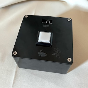 Peut inclure: Une boîte noire avec un bouton blanc et le texte "PopTop controller" et "OUT THE BOX" imprimé dessus. La boîte a quatre vis argentées sur les côtés.