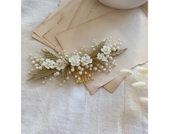 Bridal Comb, Pearl & Ceramic Flower Wedding Comb,  Floral Bridal Hair Comb