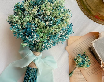 Dried Babys Breath Bridal Bouquet with Boutonniere | Wedding Flowers, Gypsophila, Green Flower Bouquets