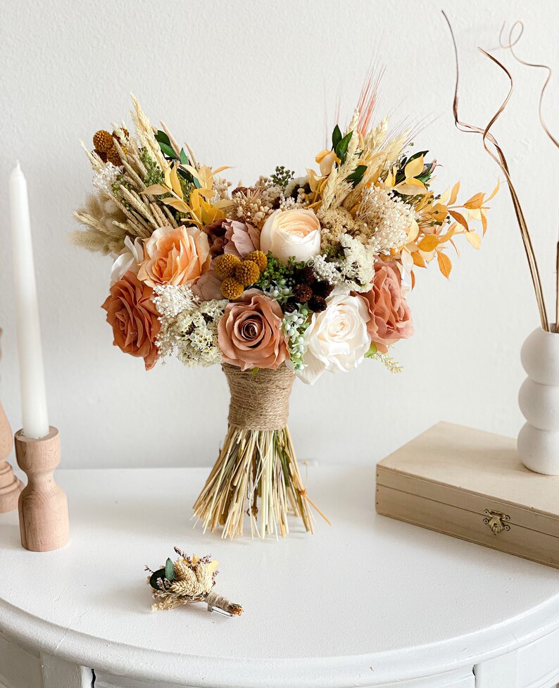 Rustic Wedding Bouquet Terracotta, peach and blush roses bridal bouquet for bohem wedding image 1