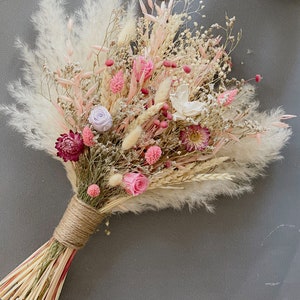 Dried Bridal and Bridesmaids Bouquet - Rose , pampas and preserved flowers for boho wedding