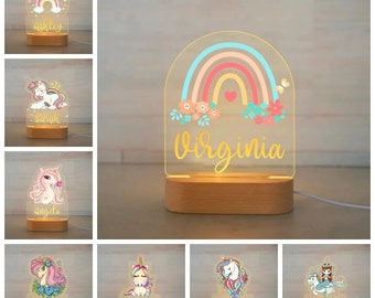 Nachtlicht Regenbogen Einhorn LED USB Nachtlicht - Kinderzimmer Name Acryllampe Holzsockel für Kinder Schlafzimmer Dekor