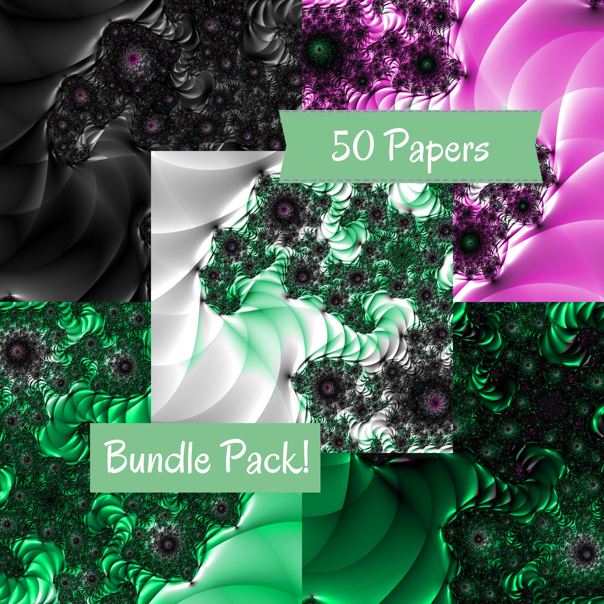 50 DIGITAL Papers FRACTAL Designs 300 DPI in Pink, Green, Purple and ...