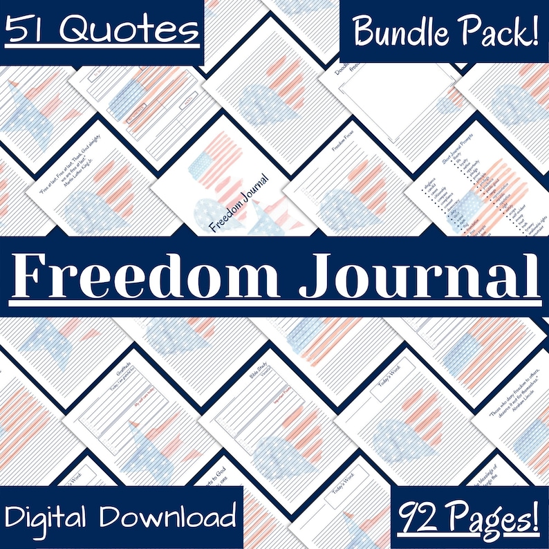 DIGITAL FREEDOM JOURNAL 92 Pages Printable, Freedom Quotes Journal Prompts, Bible Study Notes, Sermon Notes, Prayer Requests, Flag Themed image 1