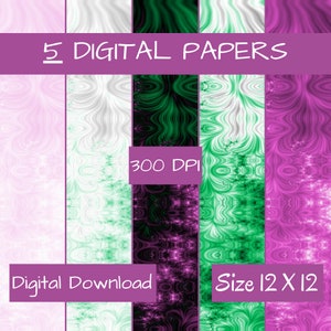 Puede incluir: Descarga digital de cinco papeles digitales abstractos. Los papeles presentan patrones arremolinados en tonos de rosa, blanco, verde y morado. La imagen incluye el texto "5 Digital Papers", "300 DPI", "Digital Download" y "Size 12 X 12". El tamaño es de 30,48 cm x 30,48 cm.