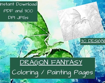 DOWNLOAD FANTASY DRAGON Coloring Pages Printable 60 Pages Dragon Coloring Pages, 300 D P I Dragon Prints, Printable Adult Coloring Pages